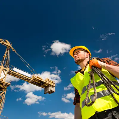 Construction worker in high vis with crane behind
